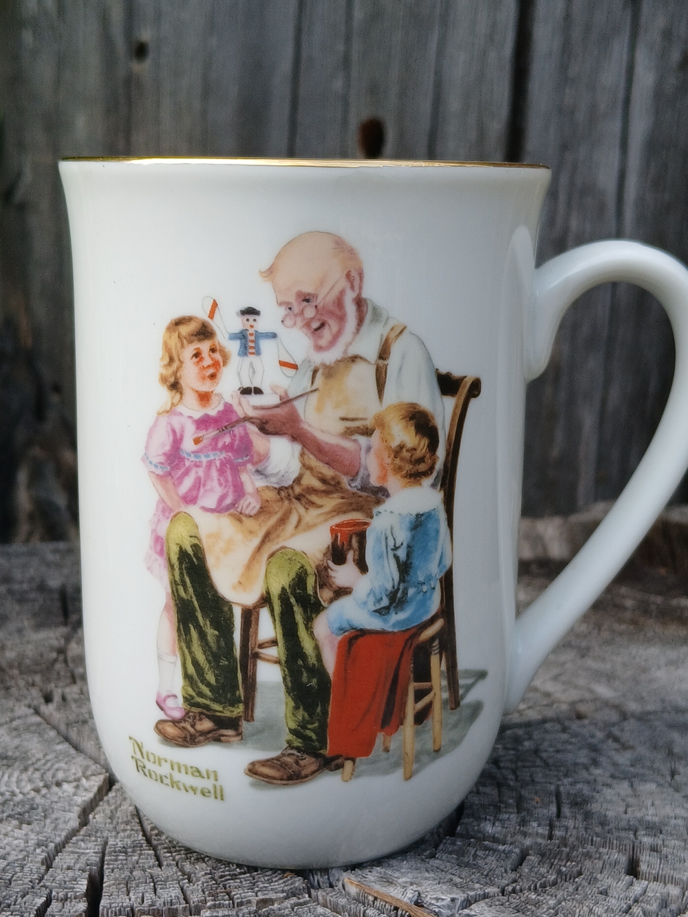 Vintage 1982 Norman Rockwell Museum "The Toymaker" Porcelain Mug - Gold Rim